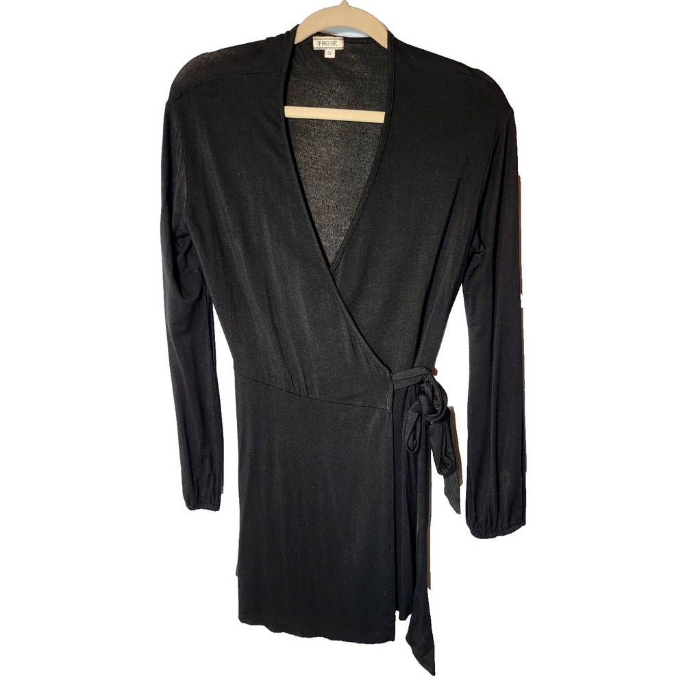 Froxx Black Wrap Top Stretch Raw Hem Long Sleeve Elastic Wrist Rayon Small‎ USA